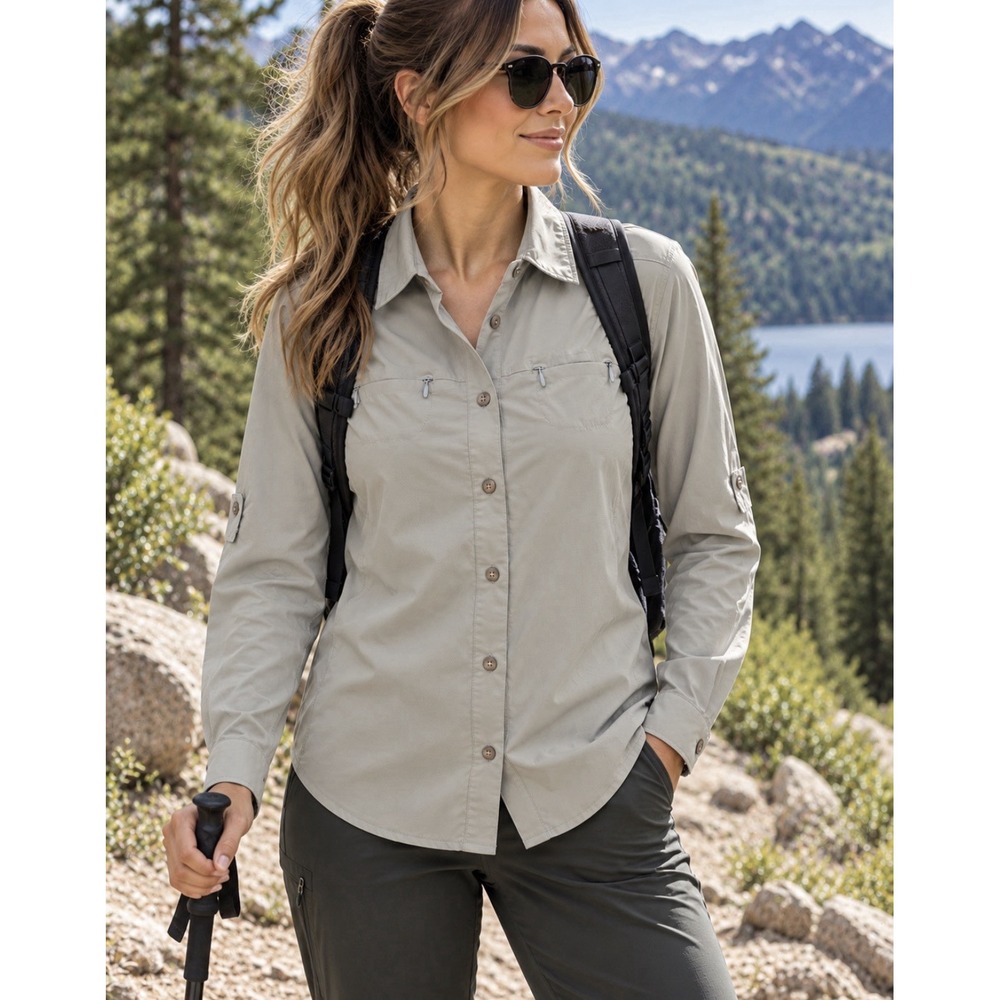 REI Co-op Women's Sahara Long Sleeve Button Up Hiking Shirt Vented Large Beige